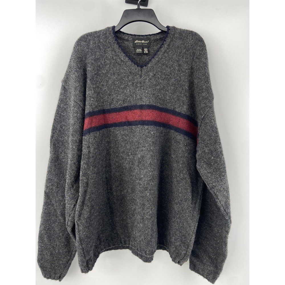 Eddie Bauer Sweater Mens XL Gray Wool V Neck Red Stripe Knit Pullover USA Y2K